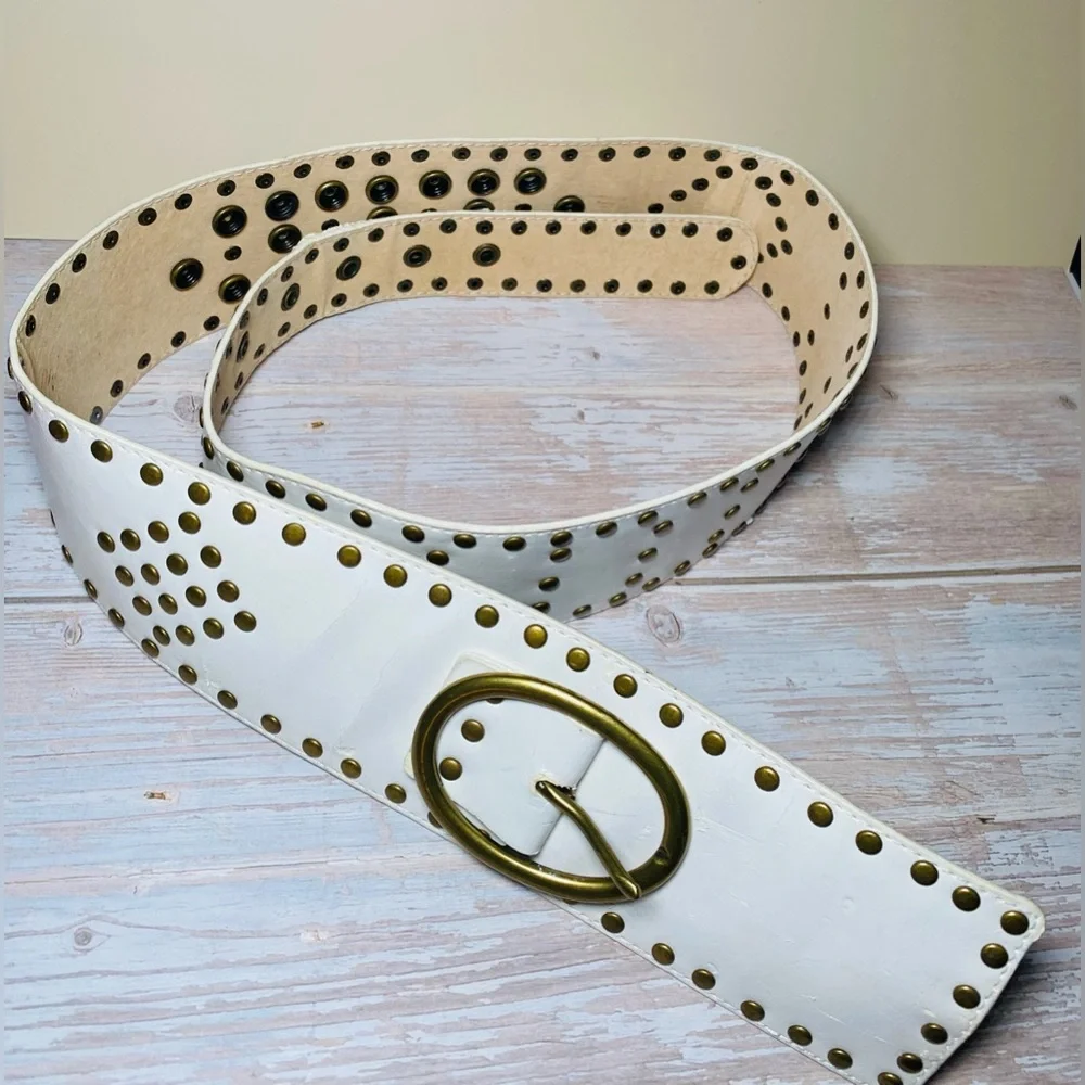 Steve‎ Madden Retro White Leather Studded Belt Metal Oval Buckle Size M